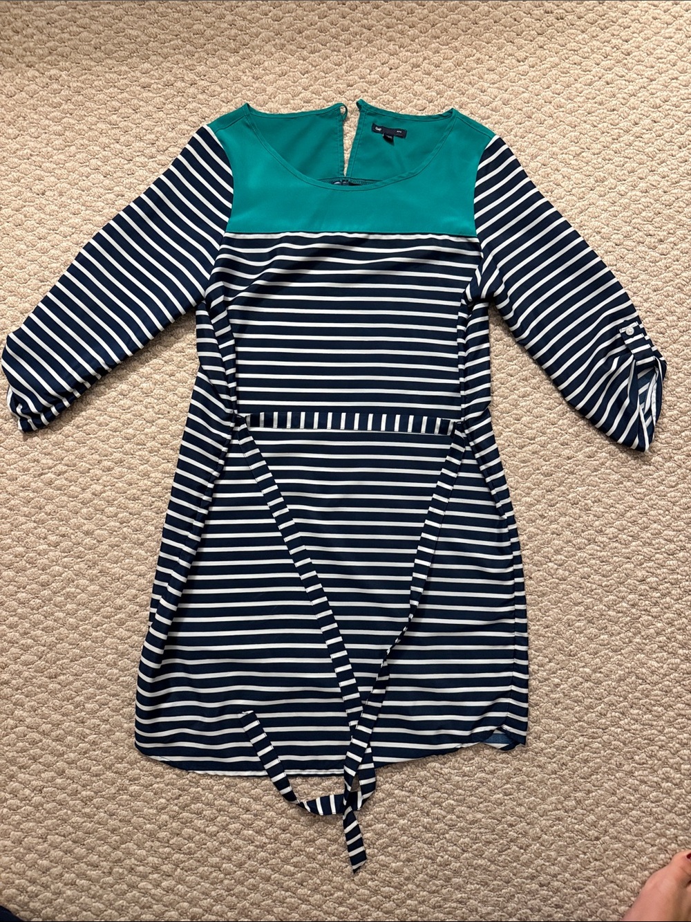 GAP Navy and Teal Striped Long-Sleeve Tie-Waist Dress